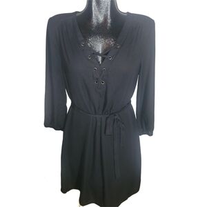 Luxology Black Long Sleeve Lace Up Neckline Dress With Matching Belt 6